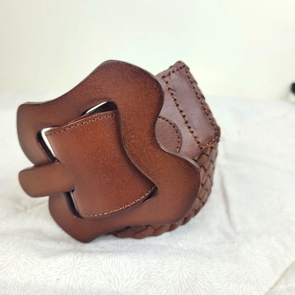 Old Navy brown woven wide leather belt artistic leather buckle boho festival S/M